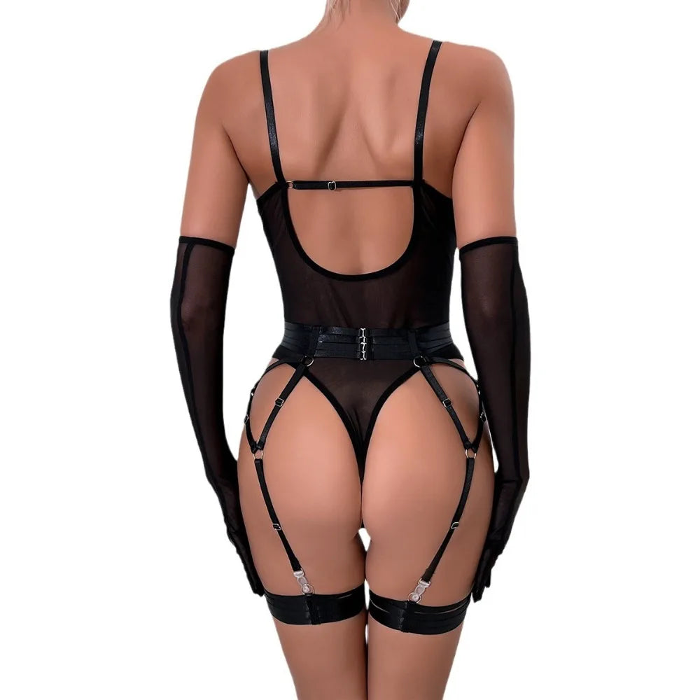 Unterwäsche-Träger und gespleißtes, dreiteiliges, schmal geschnittenes Set mit Handschuhen cos anime cos Dessous-Porno-Anzug aus Latex